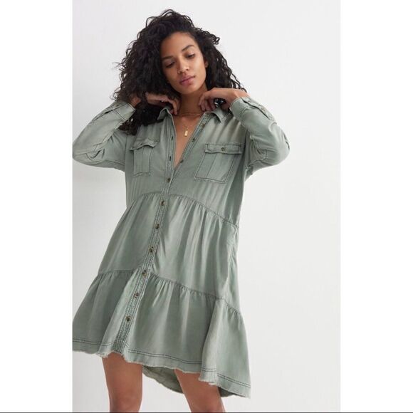 NEW Anthropologie Pilcro Deanne Moss Tiered Mini Button Front Shirtdress Large - Picture 6 of 8